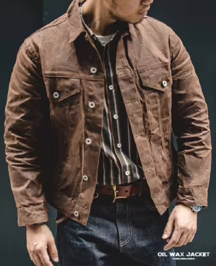 Khaki Military Jacket in Canvas Cotton with Oil Wax Finish