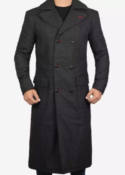 "Luxurious Double-Breasted Grey Wool Overcoat for Men."